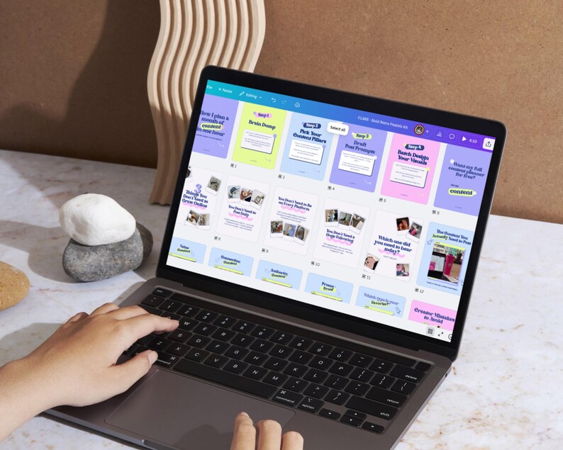 Someone Editing on Canva. Person editing carousel templates on Canva with a laptop. These 4:5 neon Instagram templates are drag-and-drop easy and require no design skills.