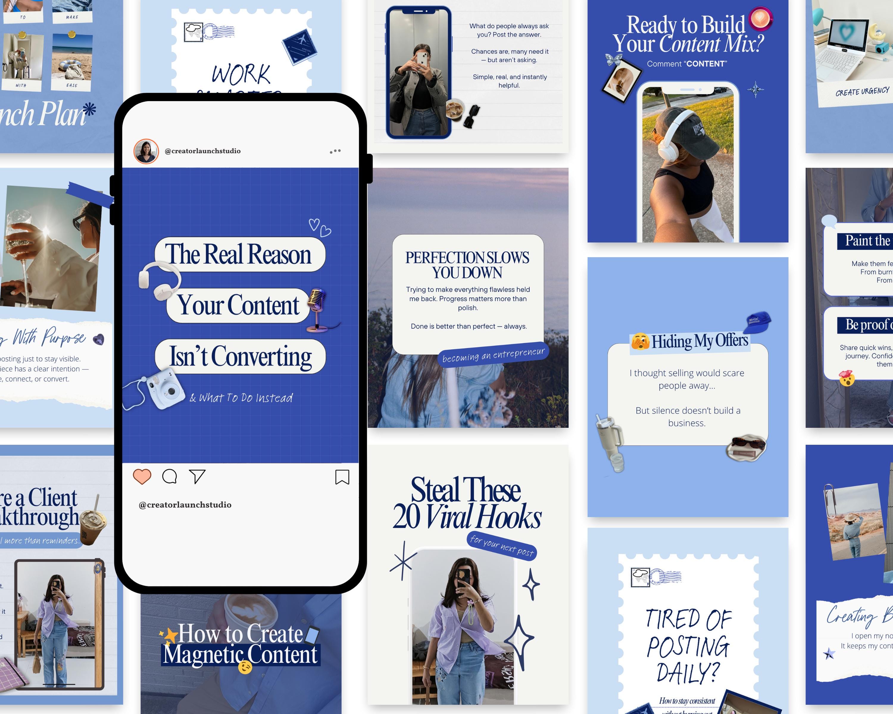 60 Bold Blue Instagram Carousel Canva Templates Editable Aesthetic ...