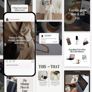 Phone mockup featuring modern Instagram Canva template, styled flat lay around it showcasing minimalist, ready-to-edit content.