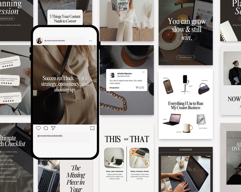 Phone mockup featuring modern Instagram Canva template, styled flat lay around it showcasing minimalist, ready-to-edit content.