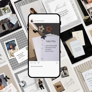 May include: A collection of styled photos and stationery items, including a smartphone displaying a "Today's Plan" list. Other items include a reminder card, a notepad, and a photo with text "Building brands & booking clients with ease."
