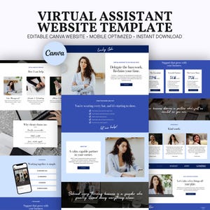 Op de afbeelding: Een website-sjabloon voor virtuele assistenten in een blauw en wit kleurenschema met secties voor diensten, getuigenissen en contactgegevens. De lay-out bevat tekst, afbeeldingen van een persoon en een Canva-logo.