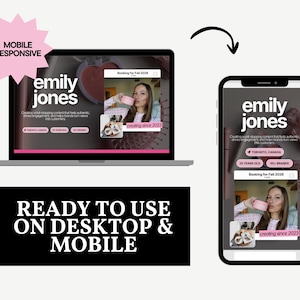 Mobile-responsive Canva website template displayed on desktop and smartphone screens featuring creator branding, portfolio galleries, and personal website design.