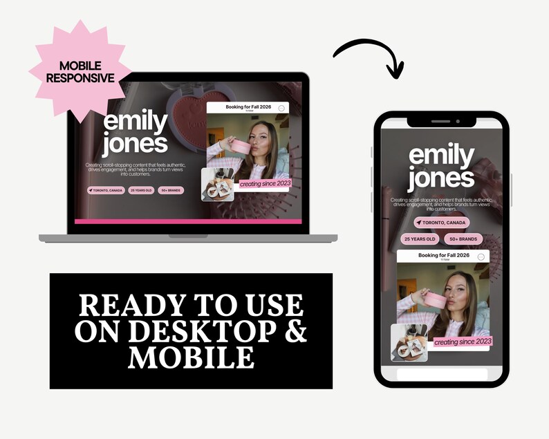 Mobile-responsive Canva website template displayed on desktop and smartphone screens featuring creator branding, portfolio galleries, and personal website design.