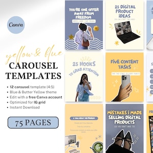Puede incluir: Un conjunto de plantillas de carrusel de Canva en amarillo y azul. Las plantillas incluyen 12 diseños de carrusel, optimizados para las cuadrículas de Instagram, y son editables con una cuenta gratuita de Canva. La imagen también incluye el texto "75 páginas".