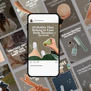 Flat lay of Canva templates for fitness, wellness, and lifestyle posts, minimal trendy viral Instagram carousels with clean aesthetic design.