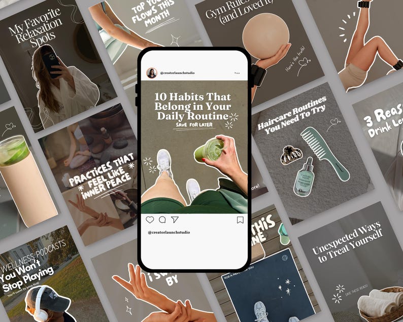Flat lay of Canva templates for fitness, wellness, and lifestyle posts, minimal trendy viral Instagram carousels with clean aesthetic design.