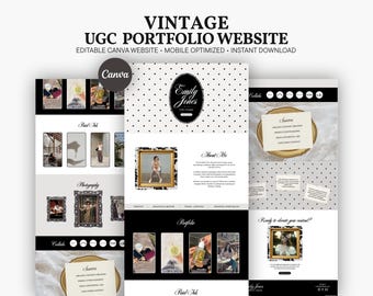 UGC Portfolio Template Canva Website, Vintage Whimsical Creator Portfolio, Black White Content Creator Landing Page, Whimsy Media Kit Site