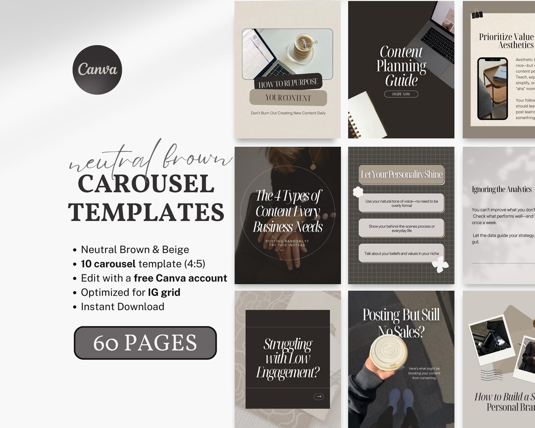 Carousel Templates Instagram 60 Neutral Editable Posts Digital Product ...