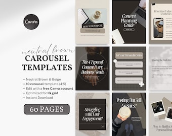 Carousel Templates Instagram 60 Neutral Editable Posts Digital Product Sellers Aesthetic Social Media Canva Template Coaches Creators TikTok