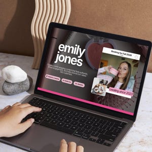Editable Canva creator website displayed on a desktop monitor featuring influencer branding, portfolio sections, service offerings, and professional website design.