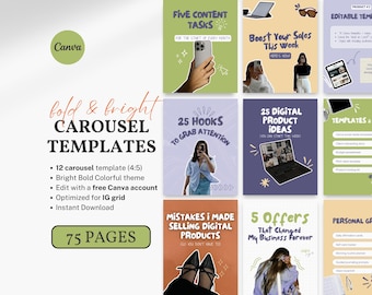 Bold Carousel Templates Social Media Manager Portrait Instagram Canva Template Colorful Digital Marketing Coaches Creators LinkedIn Threads