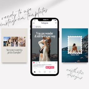 Ready-to-Use Templates, Trendy, with Mock on Phone and Flat Lay. Editable Instagram templates shown on mobile and flat lay – perfect for capturing beach euro trips, dreamy itineraries, and wanderlust mediterranean content.