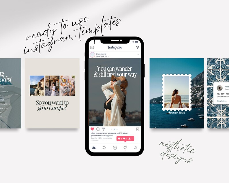 Ready-to-Use Templates, Trendy, with Mock on Phone and Flat Lay. Editable Instagram templates shown on mobile and flat lay – perfect for capturing beach euro trips, dreamy itineraries, and wanderlust mediterranean content.