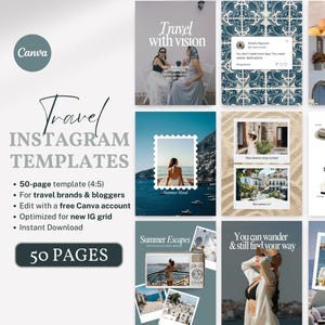 以下が含まれることがあります： Instagram用のCanvaテンプレート。旅行をテーマにした画像をグリッド形式で表示しています。「Travel Instagram Templates」と「50 Pages」のテキストが含まれています。画像は旅行先やライフスタイルコンテンツを紹介しています。