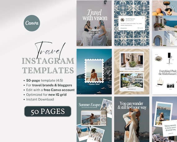 Travel Content Social Media Instagram Canva Templates Aesthetic Travel Lifestyle Posts Travel Agent Agency Blogger Editable Summer Content