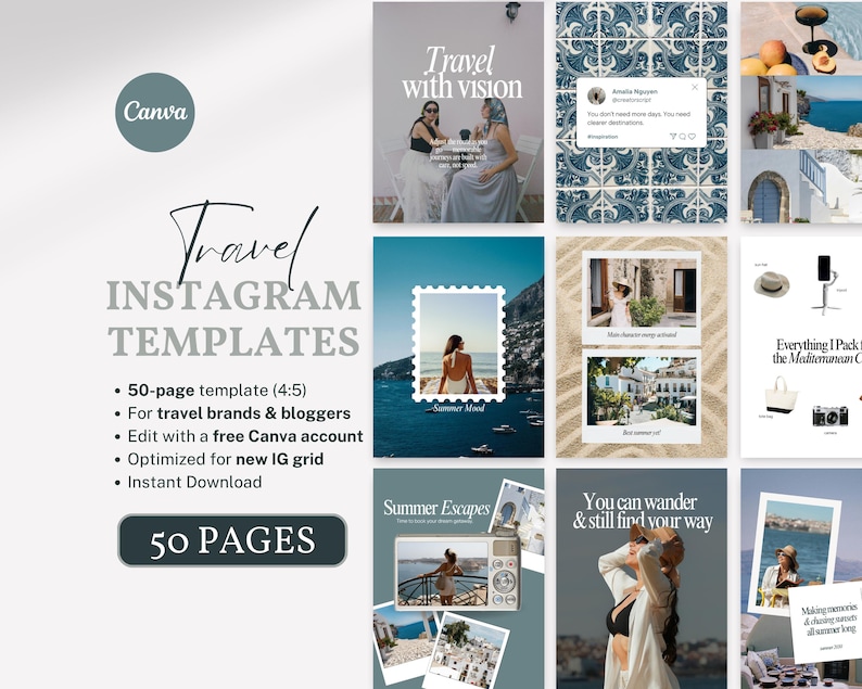 50 Mediterranean Instagram Canva Templates – Beachy, rustic, and summer-inspired post designs for travel creators, bloggers, and coastal brands.