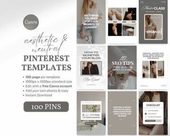 Pinterest Templates Canva 100 Editable Pin Templates for Bloggers Coaches Creators Pinterest Marketing Kit Business Canva Pin Templates