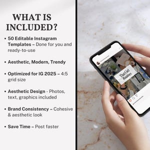 What’s Included. Overview of the full template pack – showing 50 editable pages, Canva compatibility, Instagram 4:5 sizing, and clean, modern style.