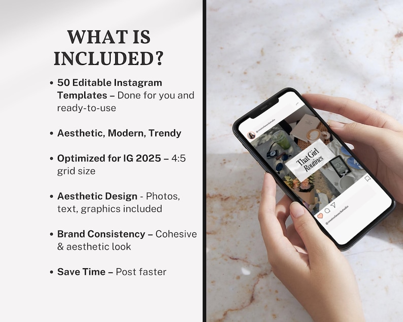 What’s Included. Overview of the full template pack – showing 50 editable pages, Canva compatibility, Instagram 4:5 sizing, and clean, modern style.