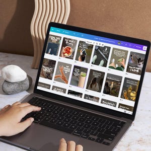 Person editing Canva templates on laptop, clean aesthetic fitness and wellness carousels, trendy social media templates for viral Instagram content.