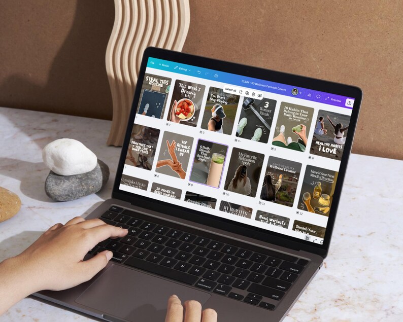 Person editing Canva templates on laptop, clean aesthetic fitness and wellness carousels, trendy social media templates for viral Instagram content.