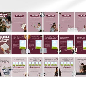 Collage preview showing all seamless Instagram carousel templates included in the Bookstagram Canva template bundle, featuring book review posts, reading recommendation slides, and aesthetic book content layouts.