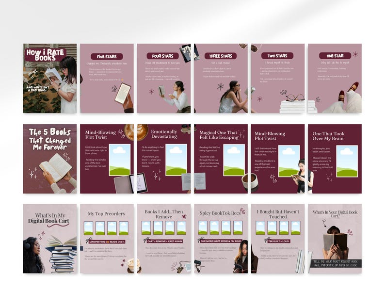 Collage preview showing all seamless Instagram carousel templates included in the Bookstagram Canva template bundle, featuring book review posts, reading recommendation slides, and aesthetic book content layouts.