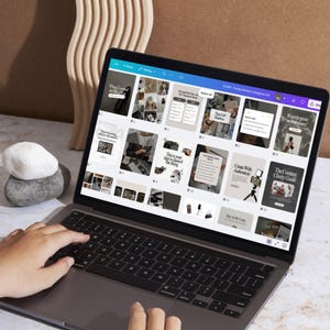 Woman customizing Instagram post templates in Canva on a laptop – showing how easy it is to edit with a free Canva account.