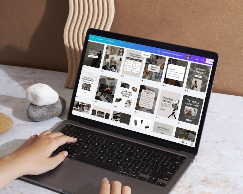 Woman customizing Instagram post templates in Canva on a laptop – showing how easy it is to edit with a free Canva account.