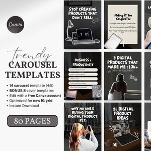 May include: A collage of nine Instagram carousel templates with black backgrounds and white text. The templates feature tips for creating and selling digital products, including "Stop Creating Products That Don't Sell", "Making it Too Complicated", "3 Digital Products That Made Me $10K+", and "What to Create When You're Stuck".