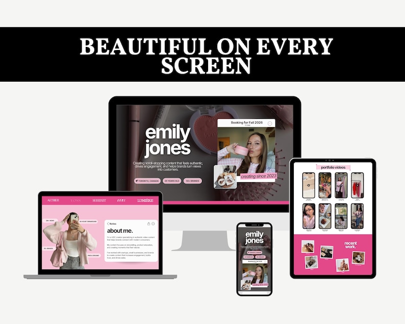 Responsive creator website template displayed across desktop, tablet, and mobile devices showing a professional portfolio website optimized for every screen size.