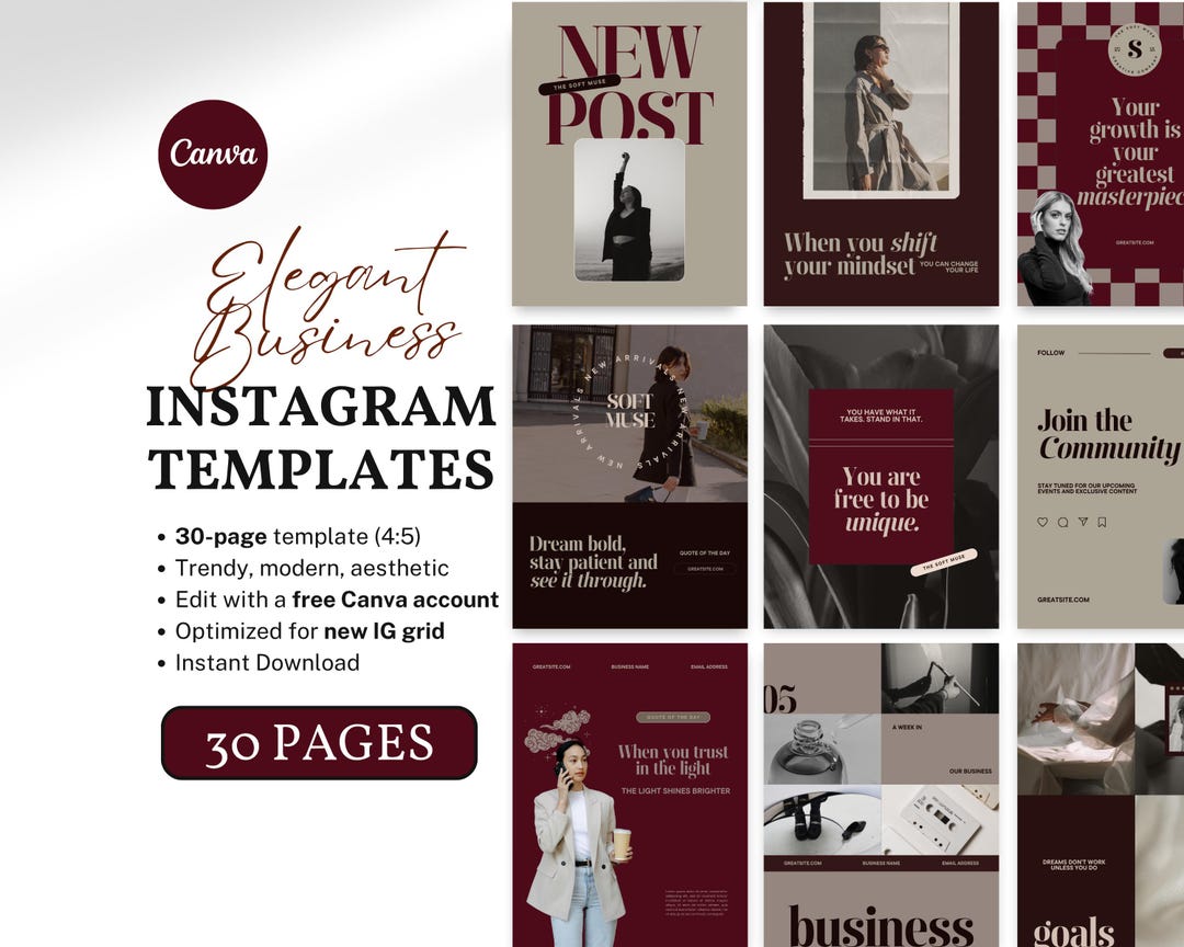 Burgundy Instagram Templates Canva | 30 Editable Elegant Posts for ...
