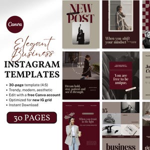 Può includere: Un set di modelli Instagram dall'estetica moderna, con una combinazione di colori bordeaux e beige. Il design include vari layout con sovrapposizioni di testo come "NEW POST" e "Elegant Business Instagram Templates". Il set include 30 pagine.
