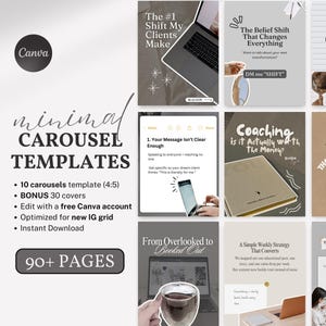 Könnte beinhalten: Eine Collage aus neun Instagram-Karussellvorlagen im minimalistischen Design. Die Vorlagen zeigen Textüberlagerungen mit motivierenden Zitaten und Business-Tipps. Der Text enthält Sätze wie "The #1 Shift My Clients Make", "Your Message Isn't Clear Enough", "Coaching is it Actually Worth The Money?" und "25 Habits That Lead To Change".