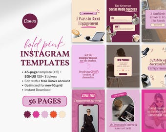 Könnte beinhalten: Ein Set mit 56 pinkfarbenen und weißen Instagram-Vorlagen für Social-Media-Marketing. Die Vorlagen enthalten Text wie "Das Geheimnis des Erfolgs in sozialen Medien", "5 Möglichkeiten, das Engagement zu steigern", "Verkaufe die Transformation, nicht das Produkt", "Neuer Podcast", "5 Gewohnheiten erfolgreicher Unternehmer", "Stiehl diese Engagement-Strategie" und "KI-generierte Inhalte und wie man sie nutzt".