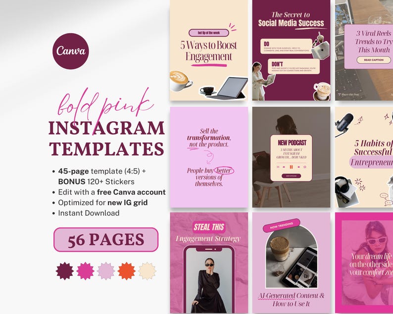 Bold Pink Instagram Templates for Social Media Managers Editable Canva ...