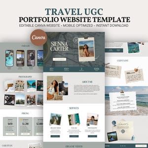 May include: A digital travel UGC portfolio website template featuring a layout with sections for photography, pricing, and services. The design includes text headers like TRAVEL UGC PORTFOLIO WEBSITE TEMPLATE, Sienna Carter, and About Me, with various photo placeholders.