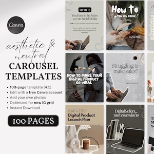 May include: A set of 100 aesthetic and neutral carousel templates for Instagram. The templates are designed to help you grow your social media presence, make sales, and launch your digital products. The templates are optimized for a 4:5 aspect ratio and can be edited with a free Canva account.