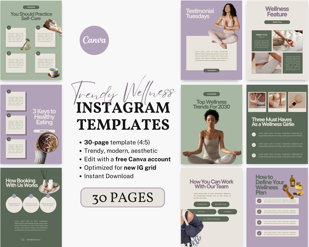 Wellness Instagram Canva Templates 30 Trendy Aesthetic Social Media ...