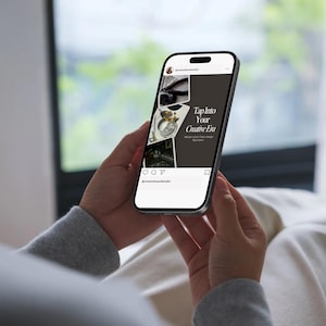 Woman holding phone displaying a trendy Instagram Canva post – relaxed and stylish scene for creators, social media managers, and small business owners.