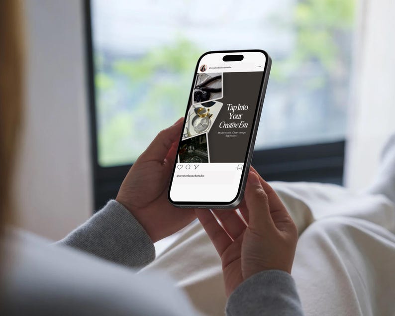 Woman holding phone displaying a trendy Instagram Canva post – relaxed and stylish scene for creators, social media managers, and small business owners.