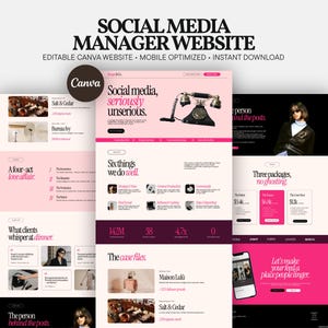 Editorial Social Media Manager Canva Website Template featuring a luxury magazine-inspired portfolio with elegant typography, services, case studies, pricing packages, testimonials, and an about section.