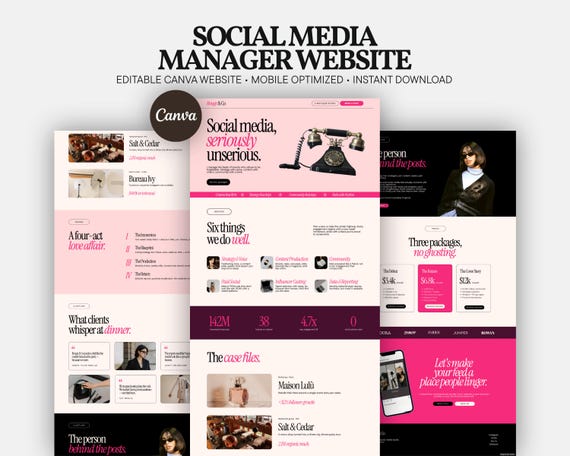 Editorial Social Media Manager Canva Website Template | Luxury Freelancer Portfolio | Pink Creative Brand Agency Website | SMM Landing Page