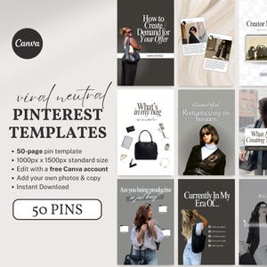 Könnte beinhalten: Werbung für Pinterest-Vorlagen. Das Bild zeigt Vorlagen mit Textüberlagerungen wie "Wie Sie Nachfrage nach Ihrem Angebot schaffen" und "Was ist in meiner Tasche?". Die Vorlagen sind für Canva konzipiert.