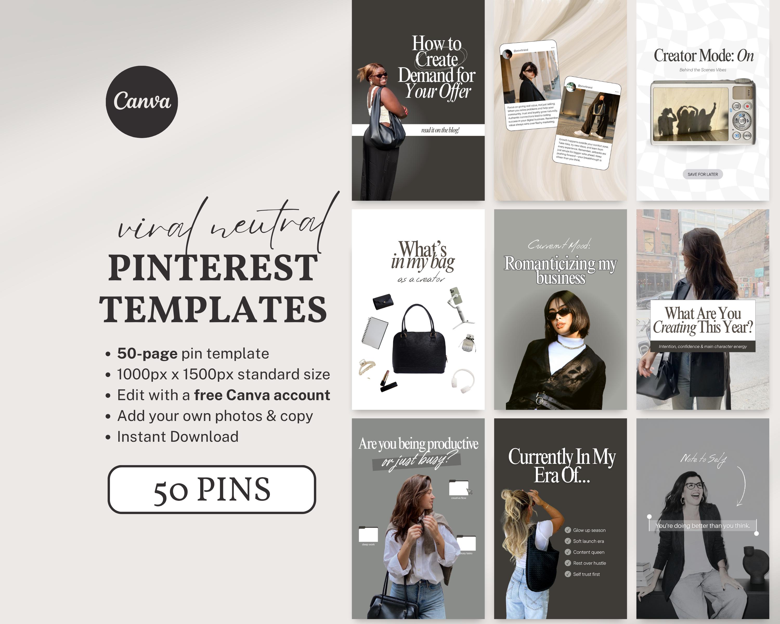 Pinterest Templates Canva 50 Editable Pin Templates for Bloggers Coaches Creators Influencers Aesthetic Pinterest Marketing Business Canva
