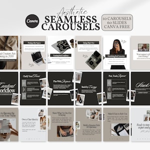 Op de afbeelding: Esthetische naadloze carrousel sjablonen met 10 carrousels en 60 dia's, Canva gratis. Het ontwerp heeft een rasterindeling met verschillende tekstoverlays en afbeeldingen, in een neutraal kleurenpalet.