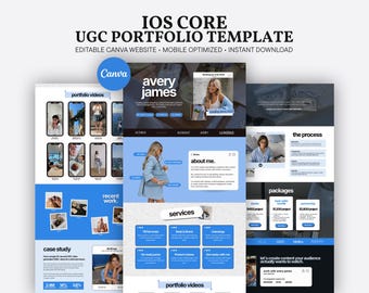 Modèle de portfolio bleu UGC Site Web Canva | Kit média pour créateurs tendance | Portefeuille viral d'influenceurs | Cœur d'iOS | Grille tarifaire de la marque personnelle