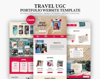 Modèle de portfolio UGC de voyage pour site web Canva, site de création de scrapbooking, kit média esthétique pour influenceur tropical, contenu de marque personnelle rose