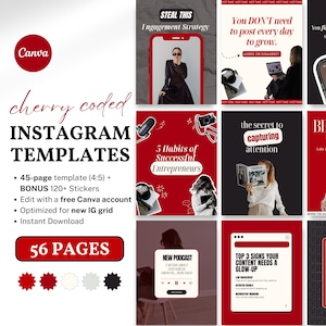 May include: A set of 56 Instagram templates for social media marketing. The templates feature a red, white, and black color scheme with text overlays. The templates include titles such as "Steal This Engagement Strategy", "5 Habits of Successful Entrepreneurs", "The Secret to Capturing Attention", and "Behind the Scenes".